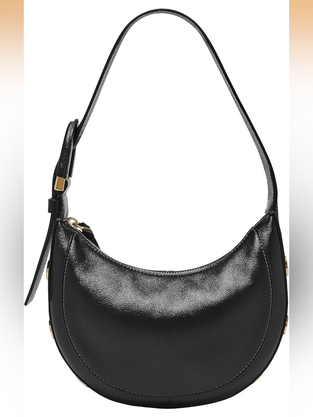 NWT Fossil Black Leather Harwell Crescent Gold Brass Hardware Buckle Detail New